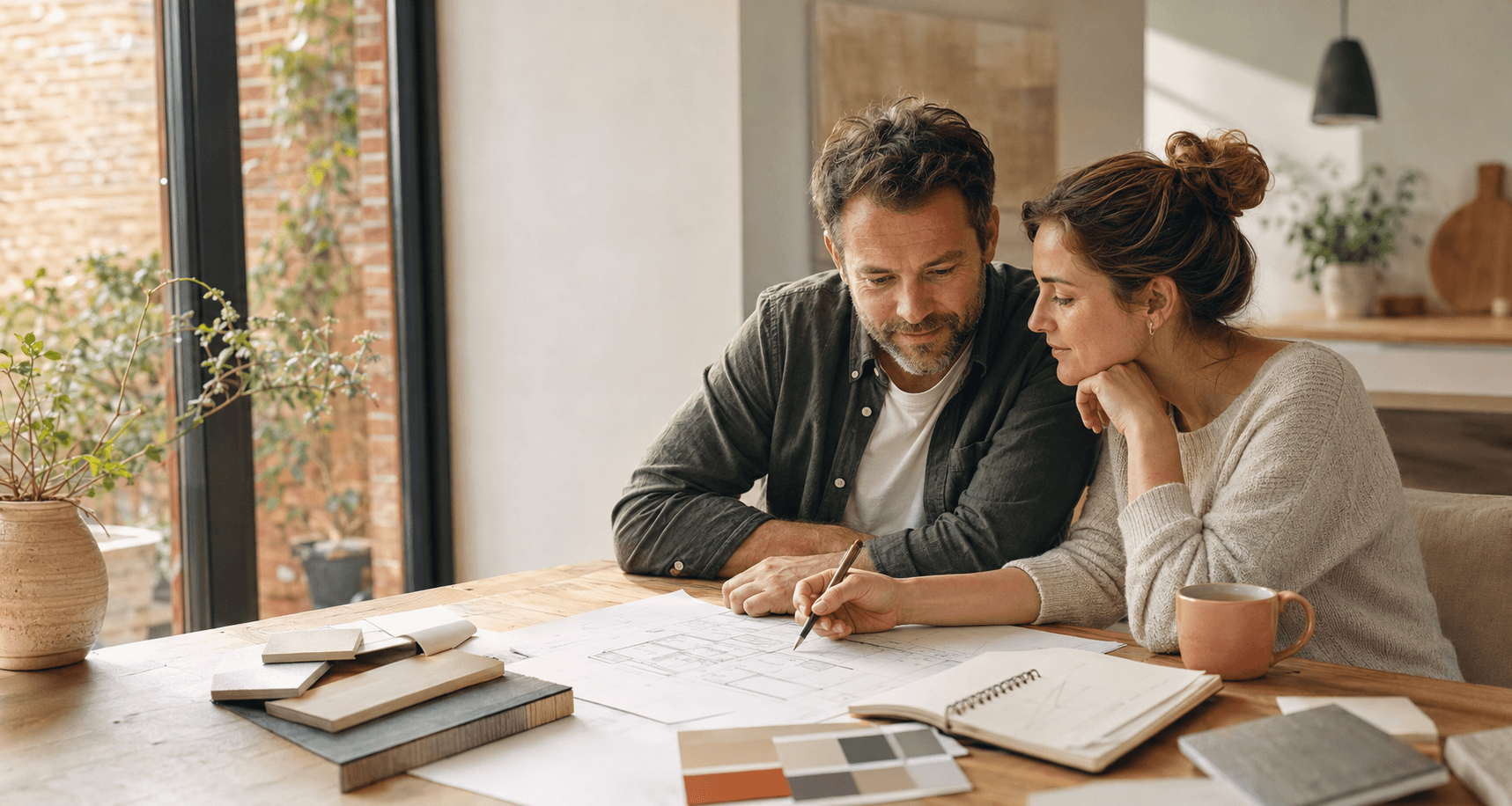 Homeowners reviewing plans and costs for a home improvement project
