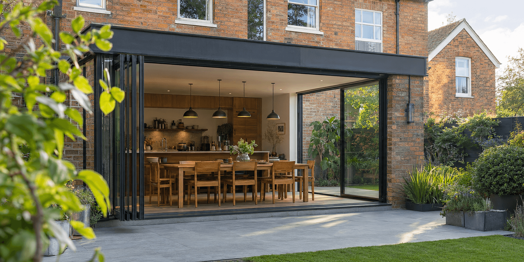 A completed UK house extension opening onto a landscaped garden